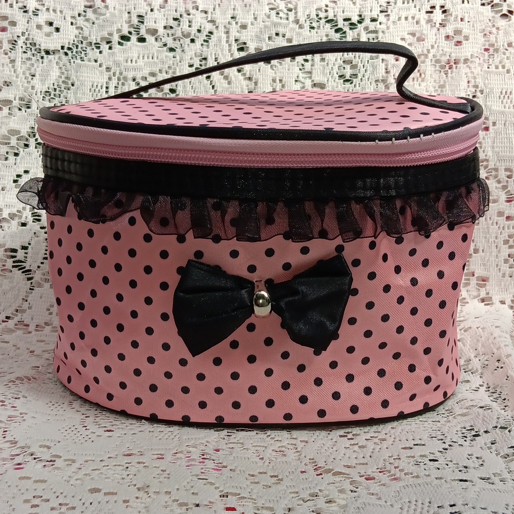 🆕️EXTRA LARGE VINTAGE PINK & BLACK POLKA DOT ZIPPERED COSMETIC BAG WITH POCKETS - Picture 9 of 16